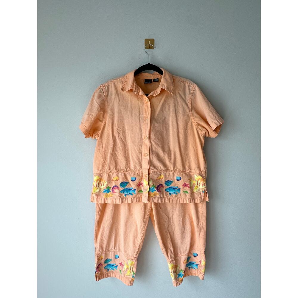 Vintage Erika Tropical Fish Print 2 Piece Set Peach Coastal Resort XL